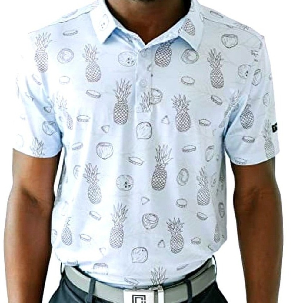 Yatta Golf Light Blue Pineapple and coconut Print Men's Polo Shirt‎ size XXL